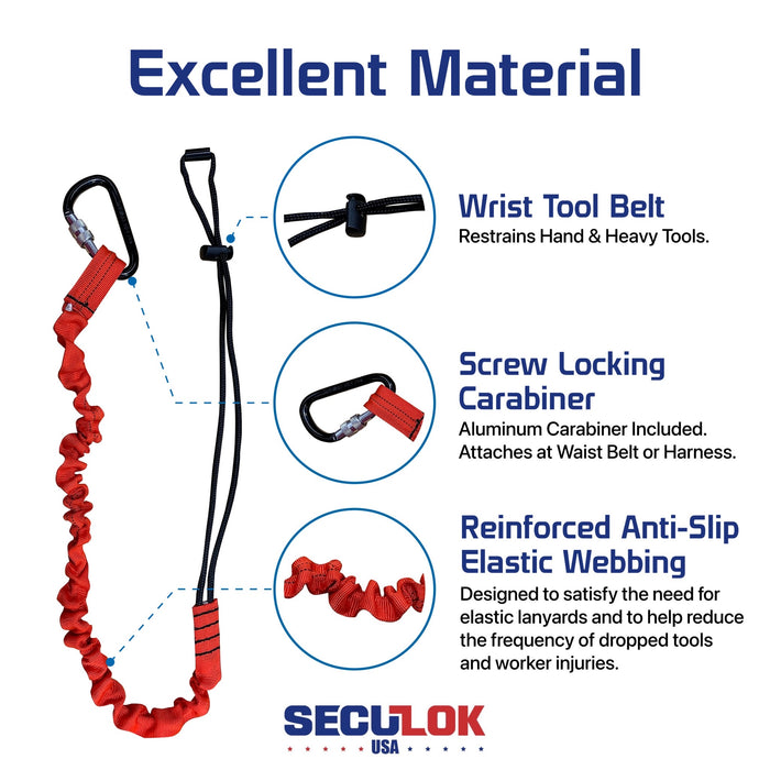 SECULOK Tool Lanyards for Hand Tools, Tool Tether, Fall Protection, Flexible Heavy Duty Lightweight Tool Lanyard with Carabiner
