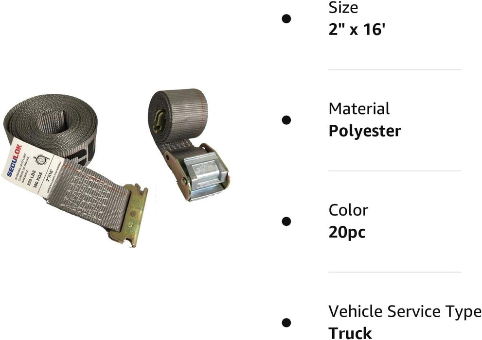 SECULOCK 20PK E Track Strap 2" x 16', E Track Cam Buckle Strap with E Track Spring Fittings, 2500 lbs E-Track Accessories, Grey Heavy Duty Tie Down for Secure Cargo on Truck, Trailer, and Enclosed Van