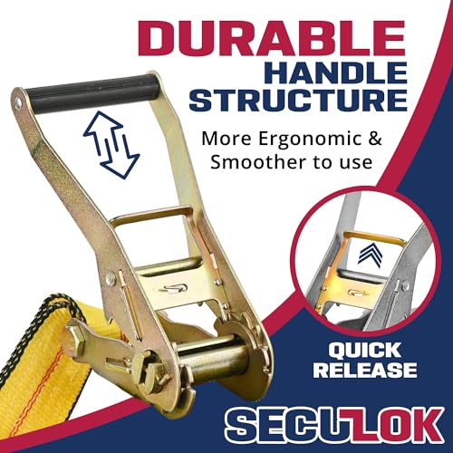 SECULOK 2" x 27' Heavy Duty Ratchet Tie Down Straps w/Flat Hooks, 3,333 Lbs WLL Cargo Control for Trucks & Trailers, 2 Inch Durable Straps for Motorcycle, ATV & Boat Transportation, 1 Pack