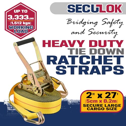 SECULOK 2" x 27' Heavy Duty Ratchet Tie Down Straps w/Flat Hooks, 3,333 Lbs WLL Cargo Control for Trucks & Trailers, 2 Inch Durable Straps for Motorcycle, ATV & Boat Transportation, 1 Pack