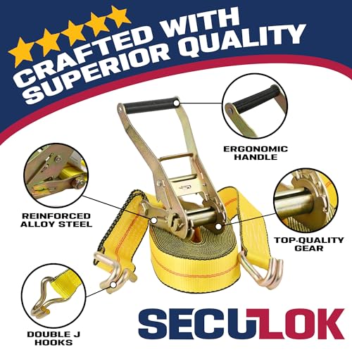 SECULOK 2" x 27' Heavy Duty Ratchet Tie Down Straps w/Flat Hooks, 3,333 Lbs WLL Cargo Control for Trucks & Trailers, 2 Inch Durable Straps for Motorcycle, ATV & Boat Transportation, 1 Pack