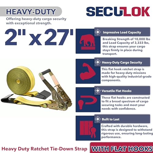 SECULOK 2" x 27' Heavy Duty Ratchet Tie Down Straps w/Flat Hooks, 3,333 Lbs WLL Cargo Control for Trucks & Trailers, 2 Inch Durable Straps for Motorcycle, ATV & Boat Transportation, 1 Pack