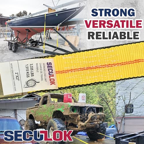 SECULOK 2" x 27' Heavy Duty Ratchet Tie Down Straps w/Flat Hooks, 3,333 Lbs WLL Cargo Control for Trucks & Trailers, 2 Inch Durable Straps for Motorcycle, ATV & Boat Transportation, 1 Pack