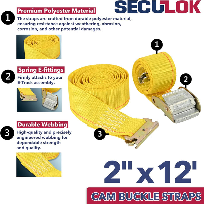 2" x 12' Logistic E-Track Cam Buckle Straps with 835 Lbs WLL, Durable and Secure Cargo Tie-Downs for Trucks, Vans & Trailers, Ideal for Safe Transit (Yellow)