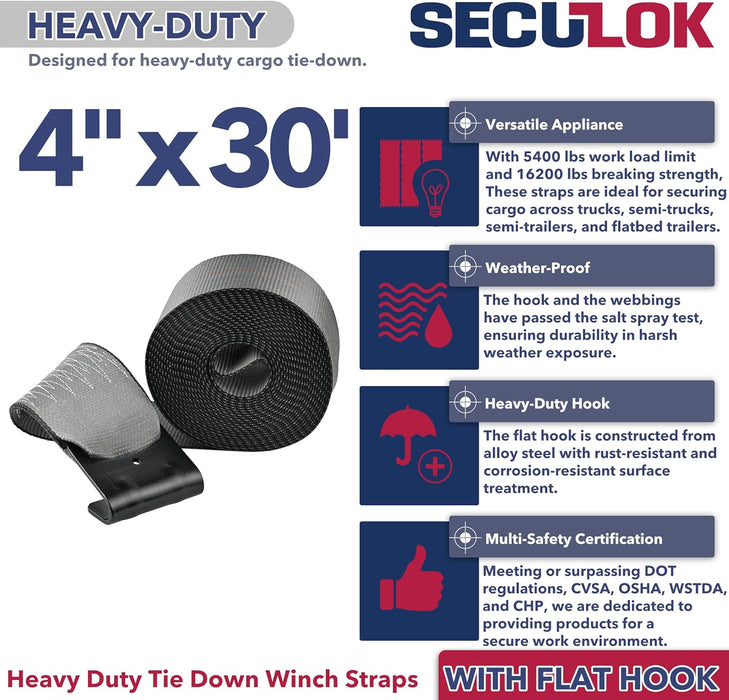 4" x 30' Winch Straps for Flatbed Trailer with Flat Hooks | Grey Heavy Duty Tie Down Strap w/Flat Hooks | 5,400 Lbs WLL Cargo Control Accessories for Gooseneck Trailers & Tow Trucks, 10 Pack