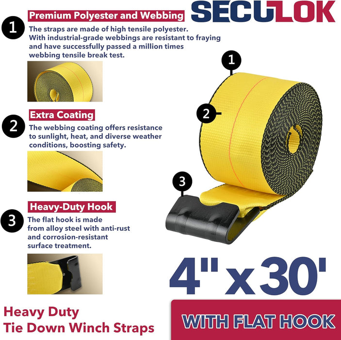 4" x 30' Winch Straps for Flatbed Trailer with Flat Hooks | Yellow Heavy Duty Tie Down Strap w/Flat Hooks | 5,400 Lbs WLL Cargo Control Accessories for Gooseneck Trailers & Tow Trucks, 10 PK