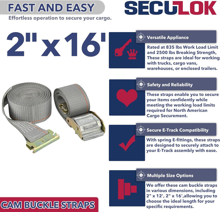 SECULOK 2" x 16' Logistic E-Track Cam Buckle Straps with 835 Lbs WLL, Durable and Secure Cargo Tie-Downs for Trucks, Vans & Trailers, Ideal for Safe Transit (Grey)