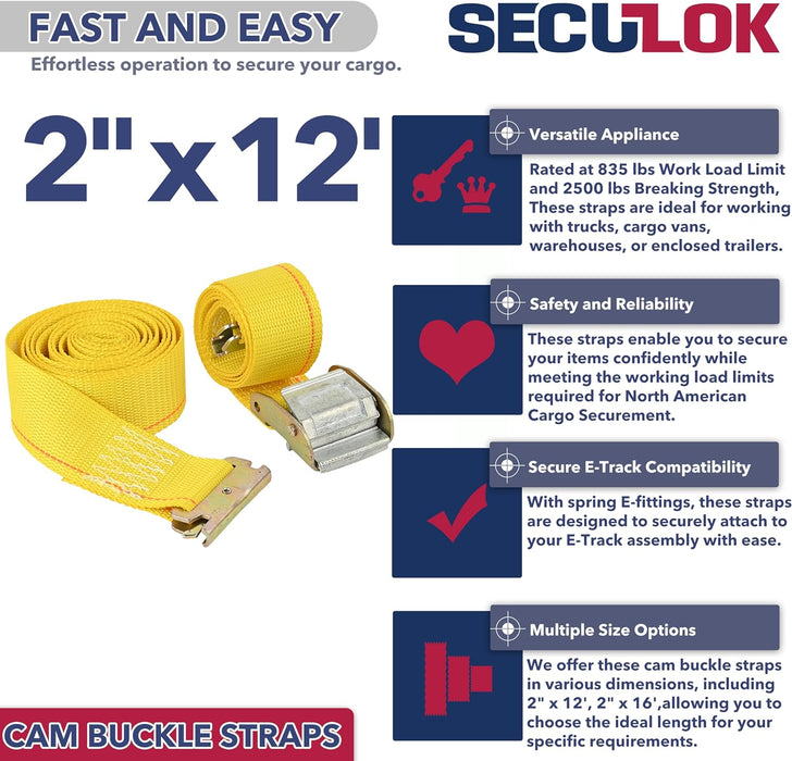 2" x 12' Logistic E-Track Cam Buckle Straps with 835 Lbs WLL, Durable and Secure Cargo Tie-Downs for Trucks, Vans & Trailers, Ideal for Safe Transit (Yellow)