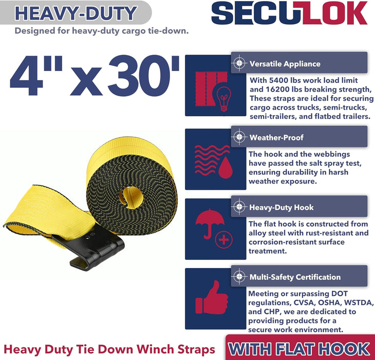 4" x 30' Winch Straps for Flatbed Trailer with Flat Hooks | Yellow Heavy Duty Tie Down Strap w/Flat Hooks | 5,400 Lbs WLL Cargo Control Accessories for Gooseneck Trailers & Tow Trucks, 10 PK