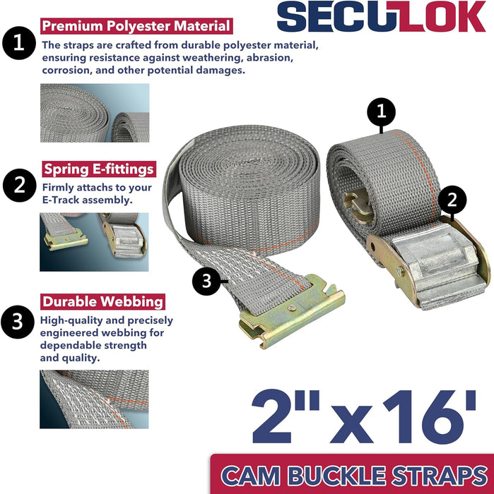 SECULOK 2" x 16' Logistic E-Track Cam Buckle Straps with 835 Lbs WLL, Durable and Secure Cargo Tie-Downs for Trucks, Vans & Trailers, Ideal for Safe Transit (Grey)