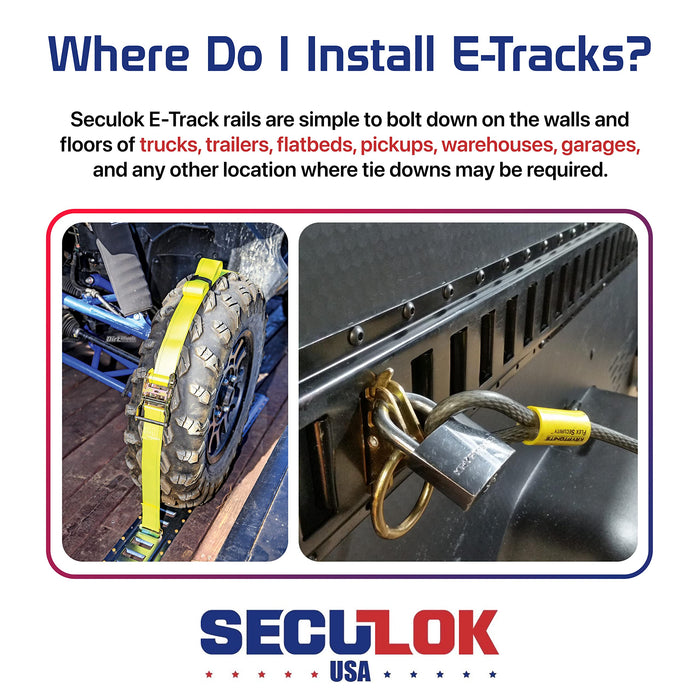 SECULOK 2PK E Track Tie Down Rail Kit 8 inch, Horizontal Powder-Coated E Track Rails with 12 Gauge Steel, 3,000 LBS for Secure Cargo, Motorcycle, ATVs, Heavy Loads in Garages, Vans, Trailers