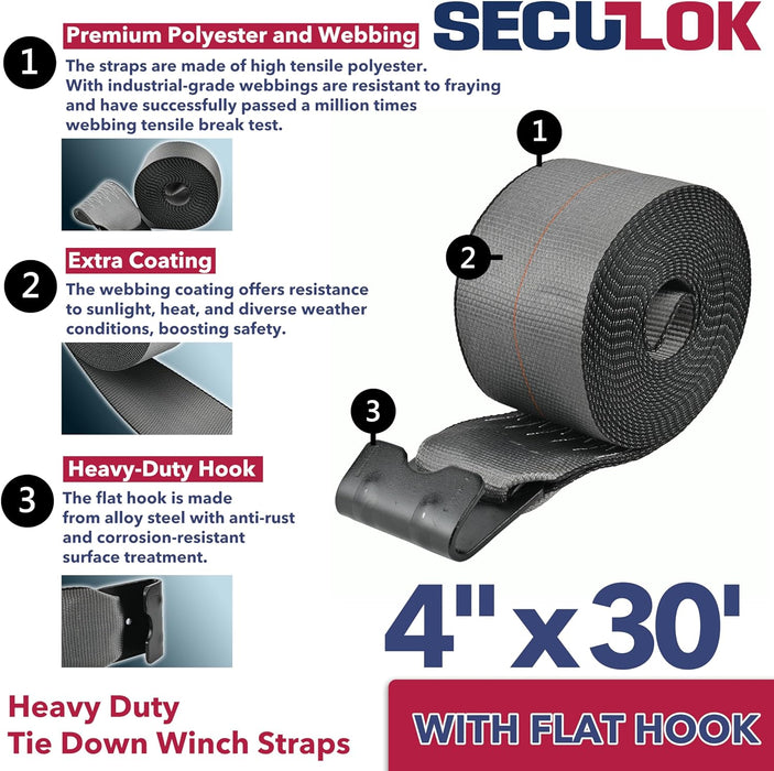 4" x 30' Winch Straps for Flatbed Trailer with Flat Hooks | Grey Heavy Duty Tie Down Strap w/Flat Hooks | 5,400 Lbs WLL Cargo Control Accessories for Gooseneck Trailers & Tow Trucks, 10 Pack